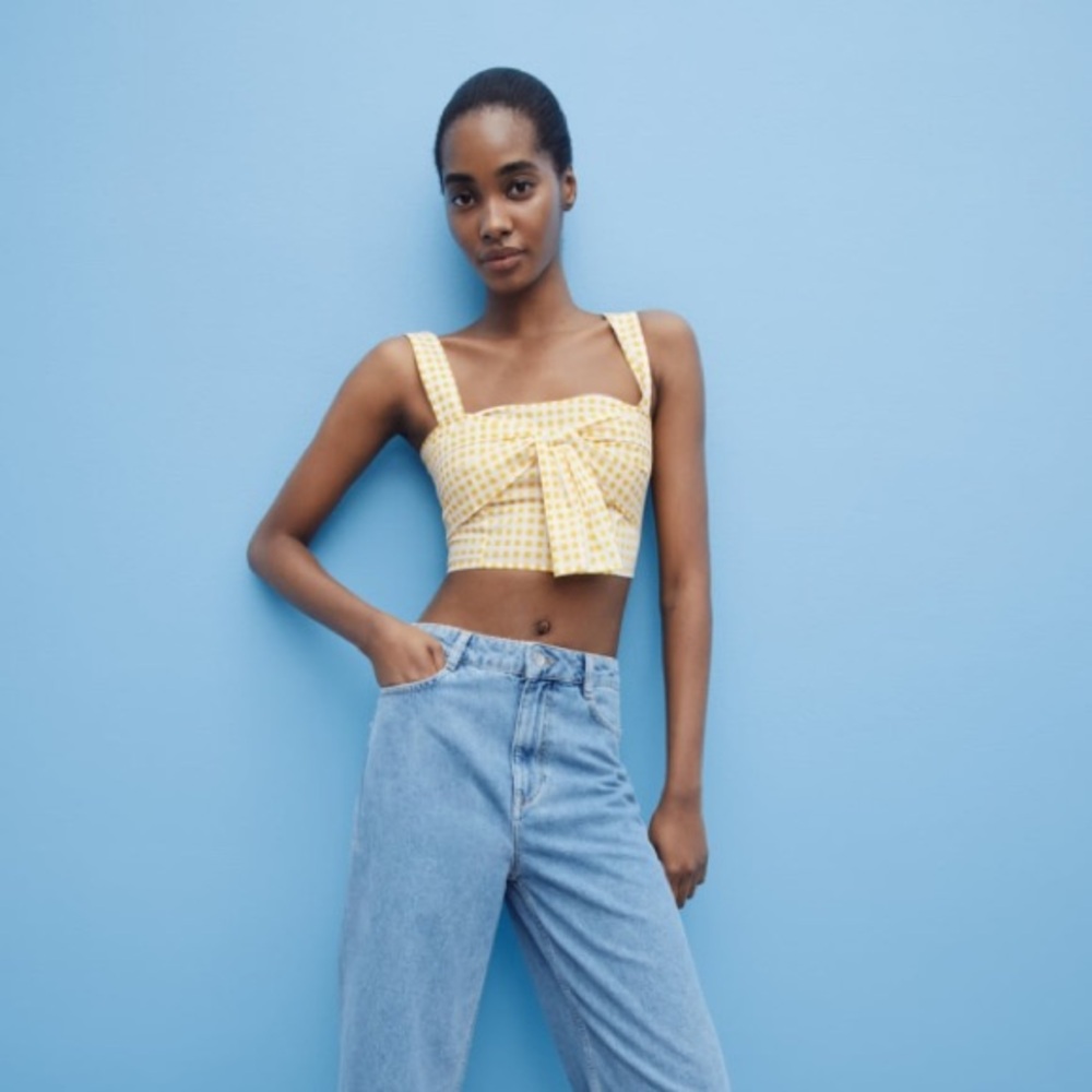 Zara CROPPED GINGHAM TOP Yellow